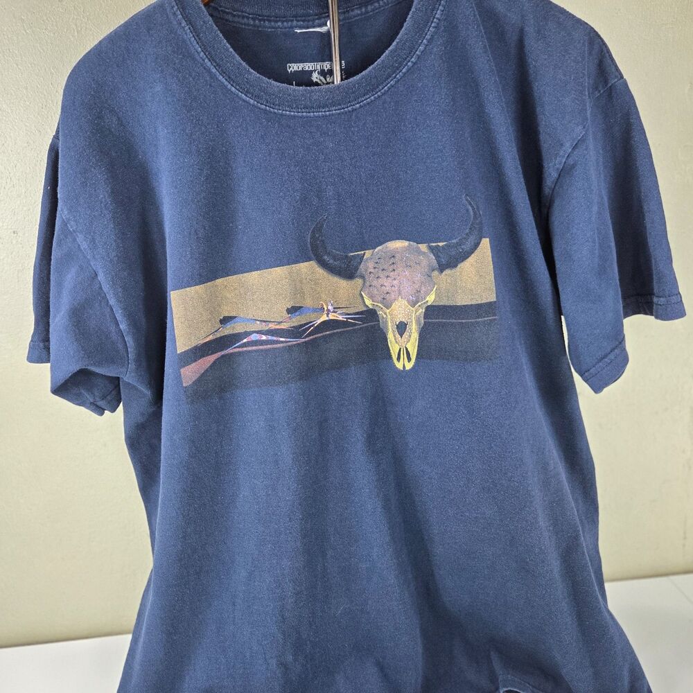 Y2K Colorado Timberline Bull Skull Western Graphic T-Shirt Men’s Large Blue